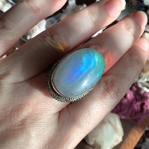 Huge Rainbow moonstone ring sterling silver size 8